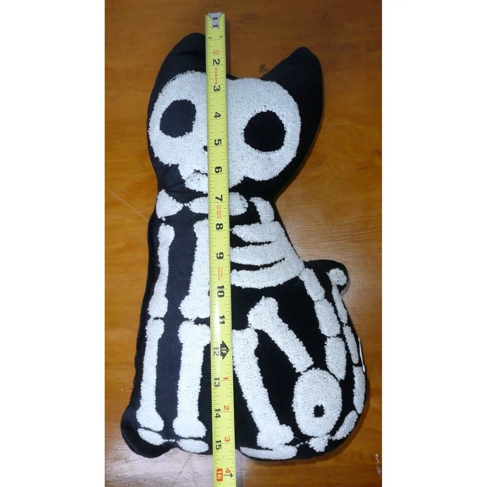 Halloween Cat Skeleton Throw Pillow Black White Spooky Season Decor